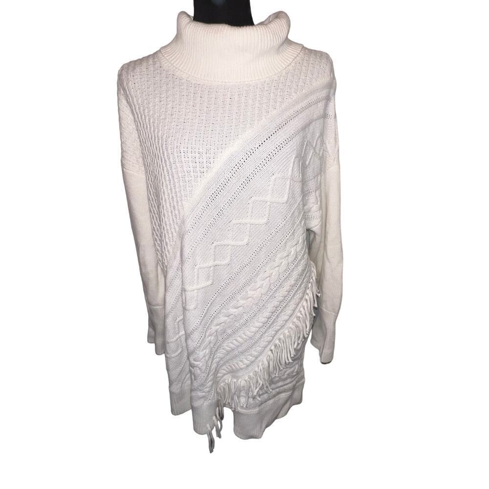 Chicos ladies size 2 US large chunky cable ribbed Fringe cowlneck Boho sweater ￼